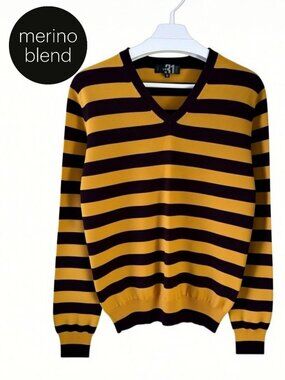 SIMONS LE 31 Mustard & Burgundy Striped Merino Blend V-Neck Sweater m